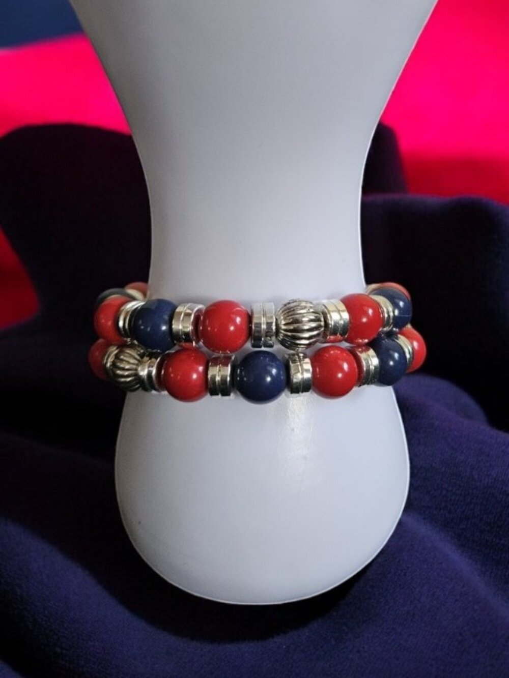 Red Blue and Silvertone Beaded Wrap Bracelet with Charms